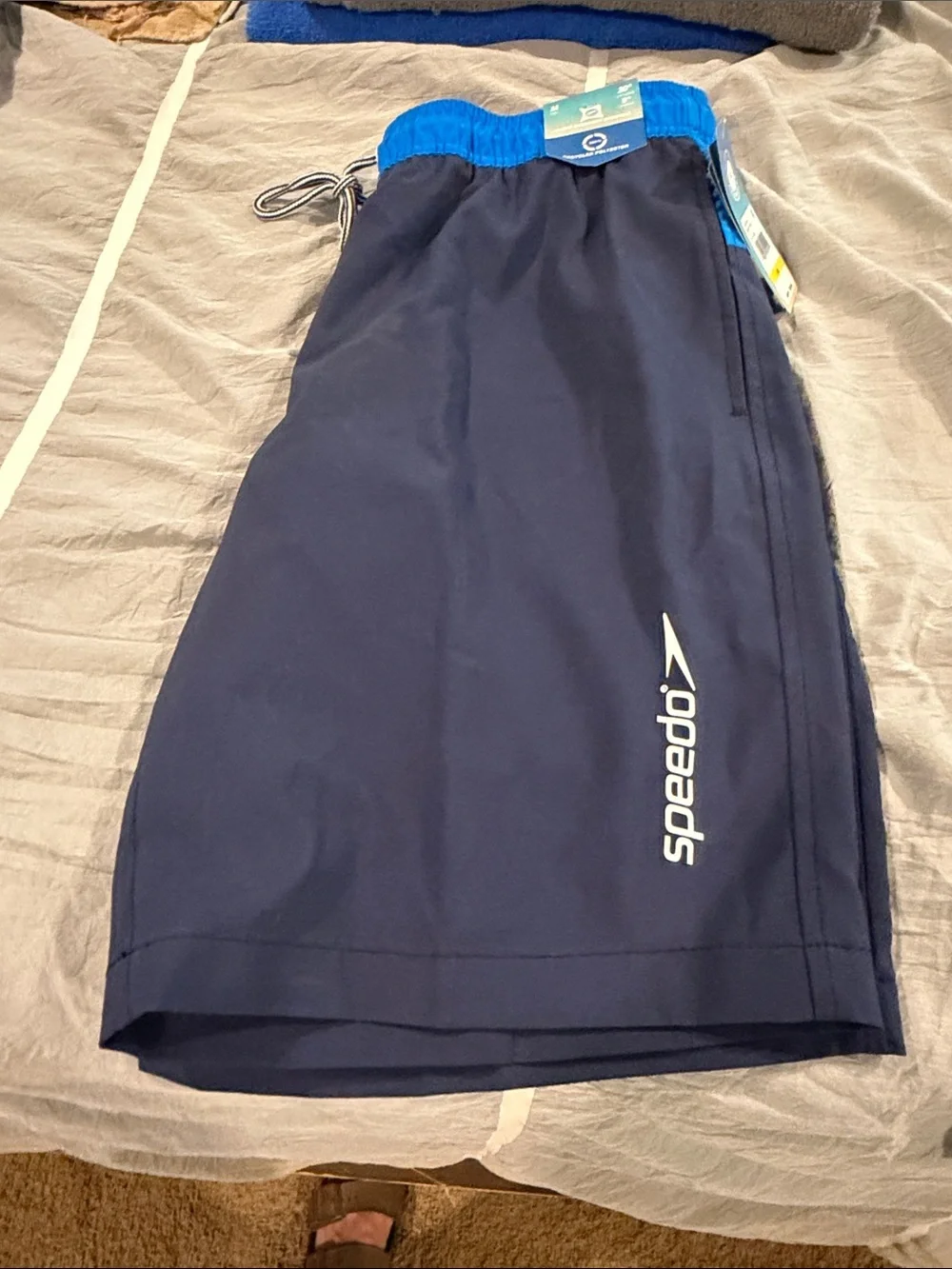 Speedo Navy Swim Trunks with Bright Blue Waistband